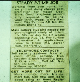 Classified ad recruiting participants for the original Stanford Prison Experiment 